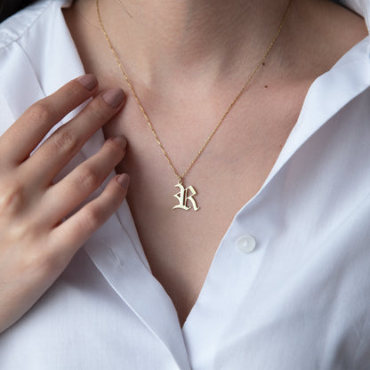 Solid Gold Old English Initial Necklace – Dainty Handmade Letter Pendant in Gold