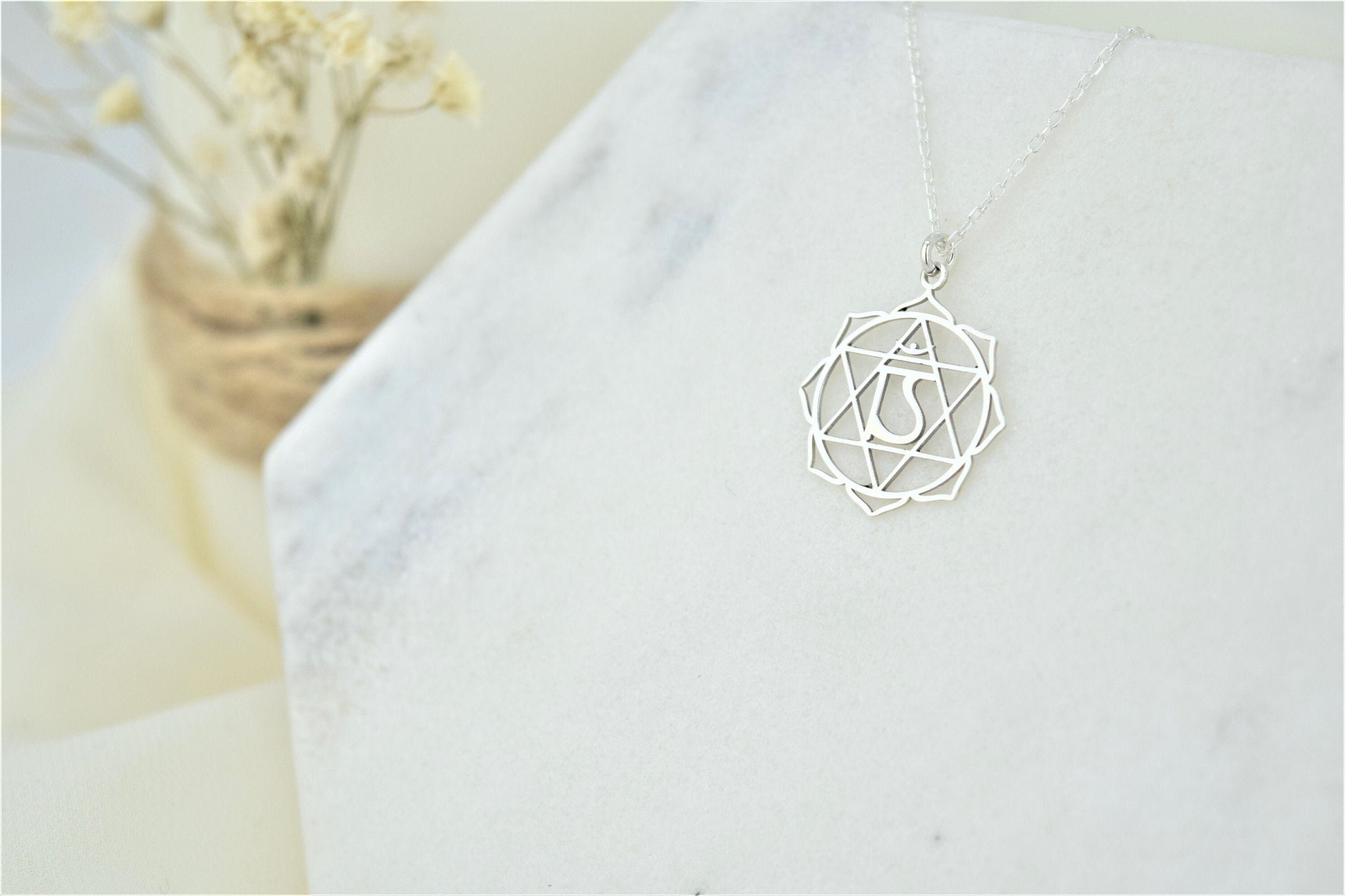 Heart Chakra Necklace, Anahata Yoga Jewelry • Handmade Hindu Wedding Gift • 925 Sterling Silver Seven Chakras Symbols by NecklaceDreamWorld - silvergoldandrose