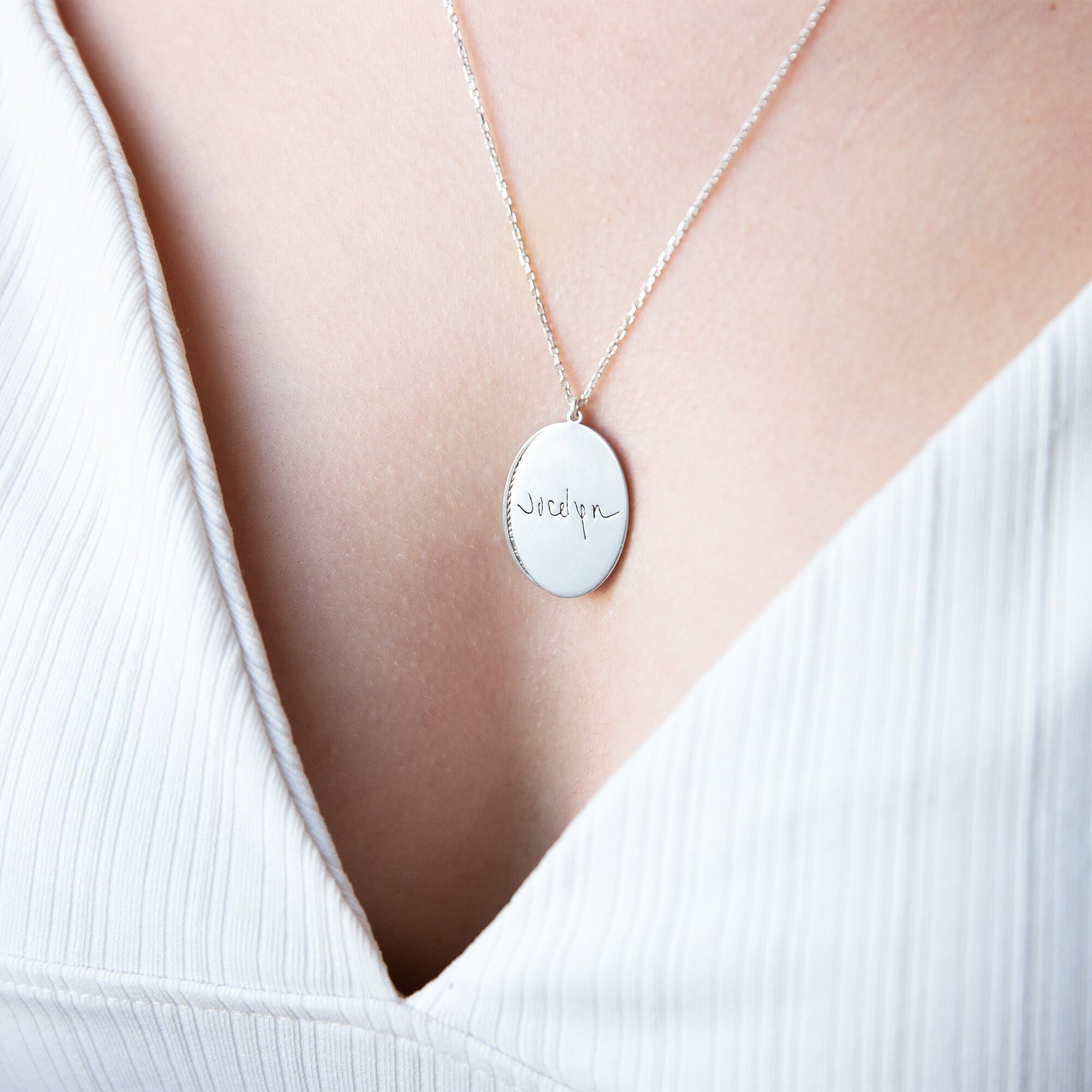 Personalized Actual Fingerprint and Handwriting Necklace • Custom Oval Memorial Necklace • Keepsake Necklace in Sterling Silver, Gold, Rose - silvergoldandrose