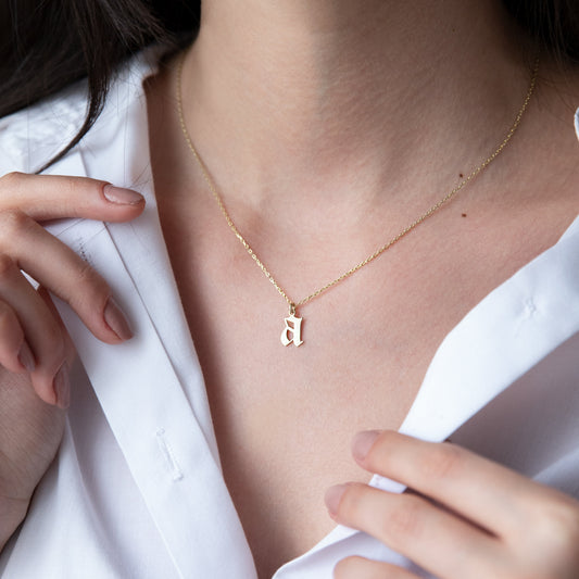 Old English Initial Necklace Gold • Personalized Initial Necklace • Gothic Style • Dainty Custom Old English Necklace • Gift for Her and Him - silvergoldandrose