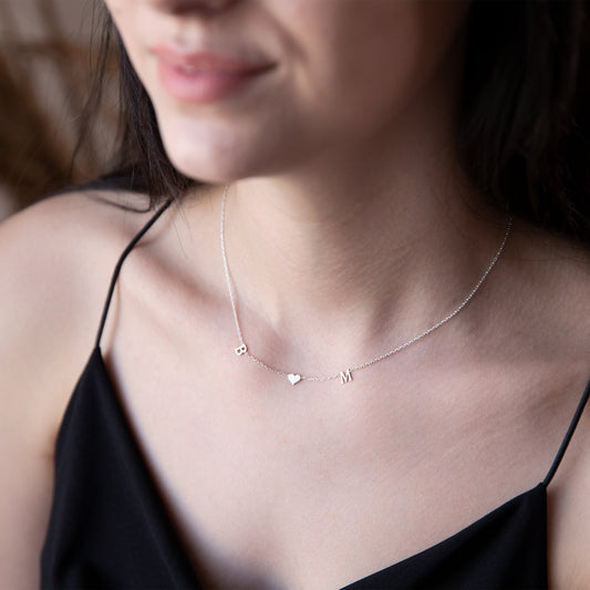 Personalized Initial Heart Necklace • Custom Initial Letter Necklace • 2 Initial Necklace • Tiny Letter Necklace with Heart • Double Initial - silvergoldandrose