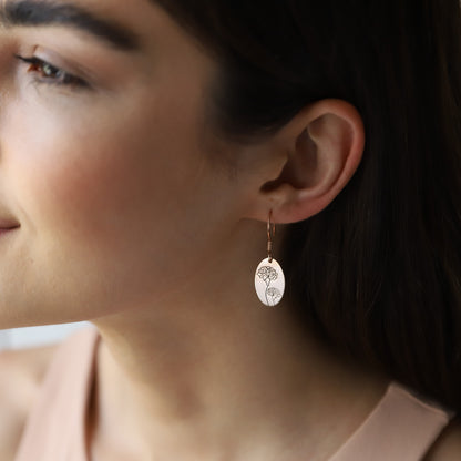 Dainty Dangle Birth Flower Earrings, 14K Rose Gold Minimalist Month Floral Signet Earrings • Personalized Handmade Jewelry - silvergoldandrose