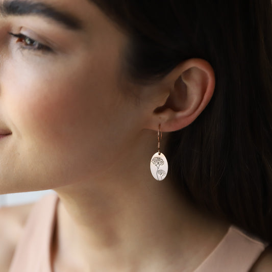 Dainty Dangle Birth Flower Earrings, 14K Rose Gold Minimalist Month Floral Signet Earrings • Personalized Handmade Jewelry - silvergoldandrose