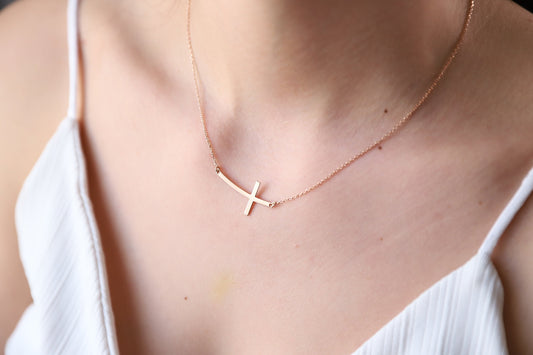 Sterling Silver Cross Necklace for  Women, Dainty Sideways Cross Necklace with Birthstone • Minimalist Cross Jewelry • Gift for Her - silvergoldandrose