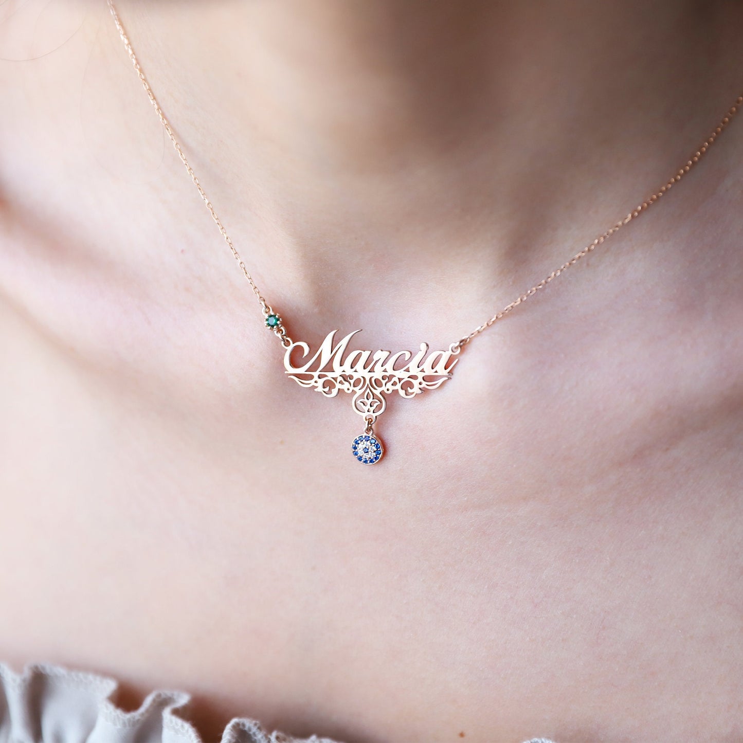 Personalized Evil Eye Name Necklace Gold, Silver Handmade Jewelry | Custom add on Birthstones by NecklaceDreamWorld