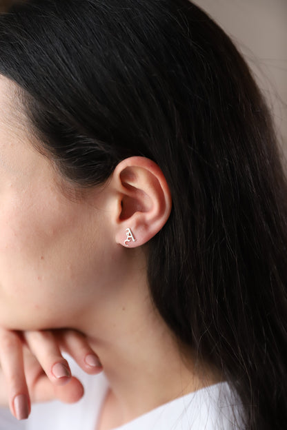 SilverGoldandRose Personalized Initial Earrings - Dainty Silver Studs for Her, Custom Old English Design