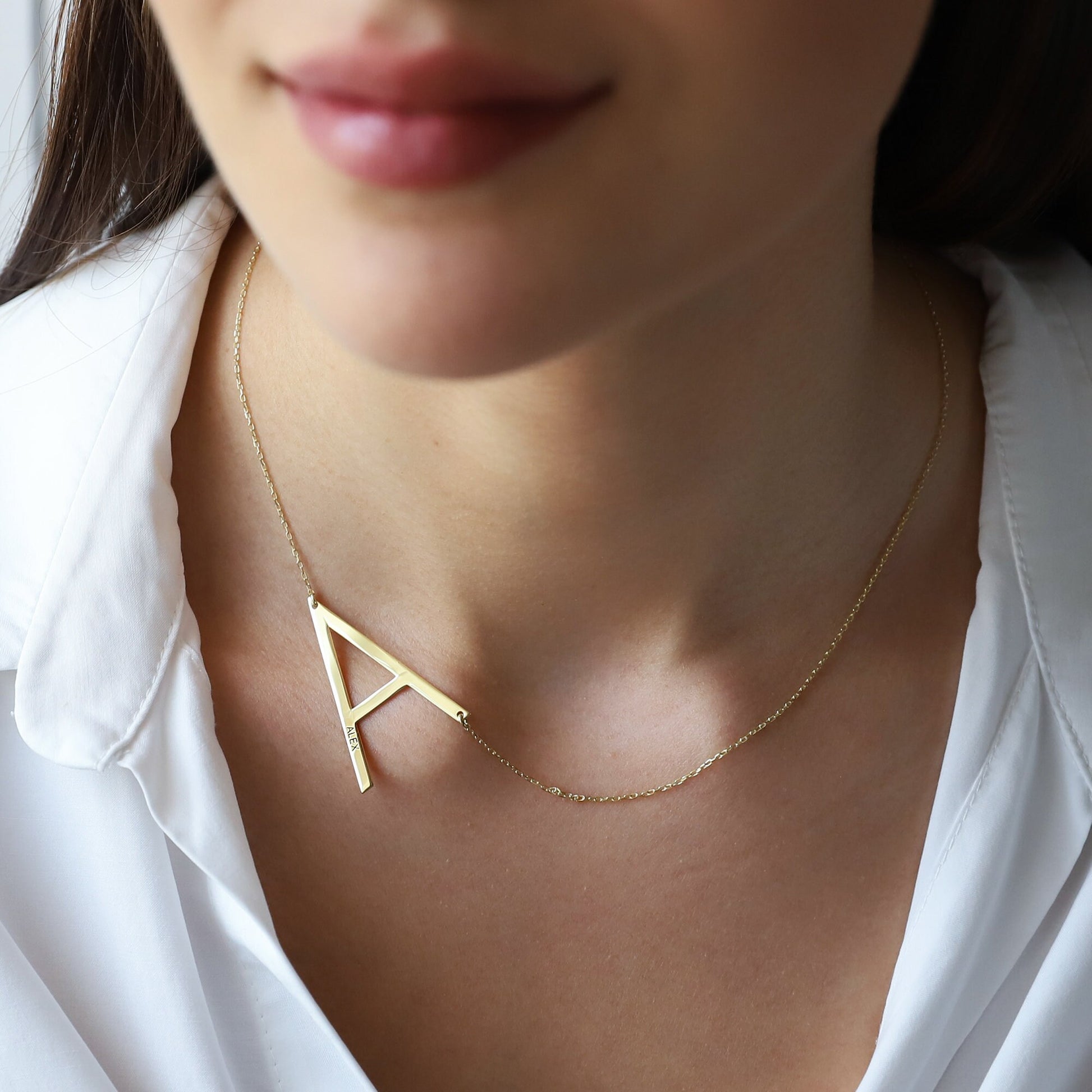 8K Solid Gold Sideways Big Initial Necklace, Personalized Large Letter Monogram with Birthstone add on - silvergoldandrose