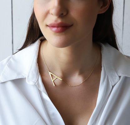 Custom Big Initial Necklace, Sideways Huge Letter Necklace, Perfect Gifts Jewelry - silvergoldandrose