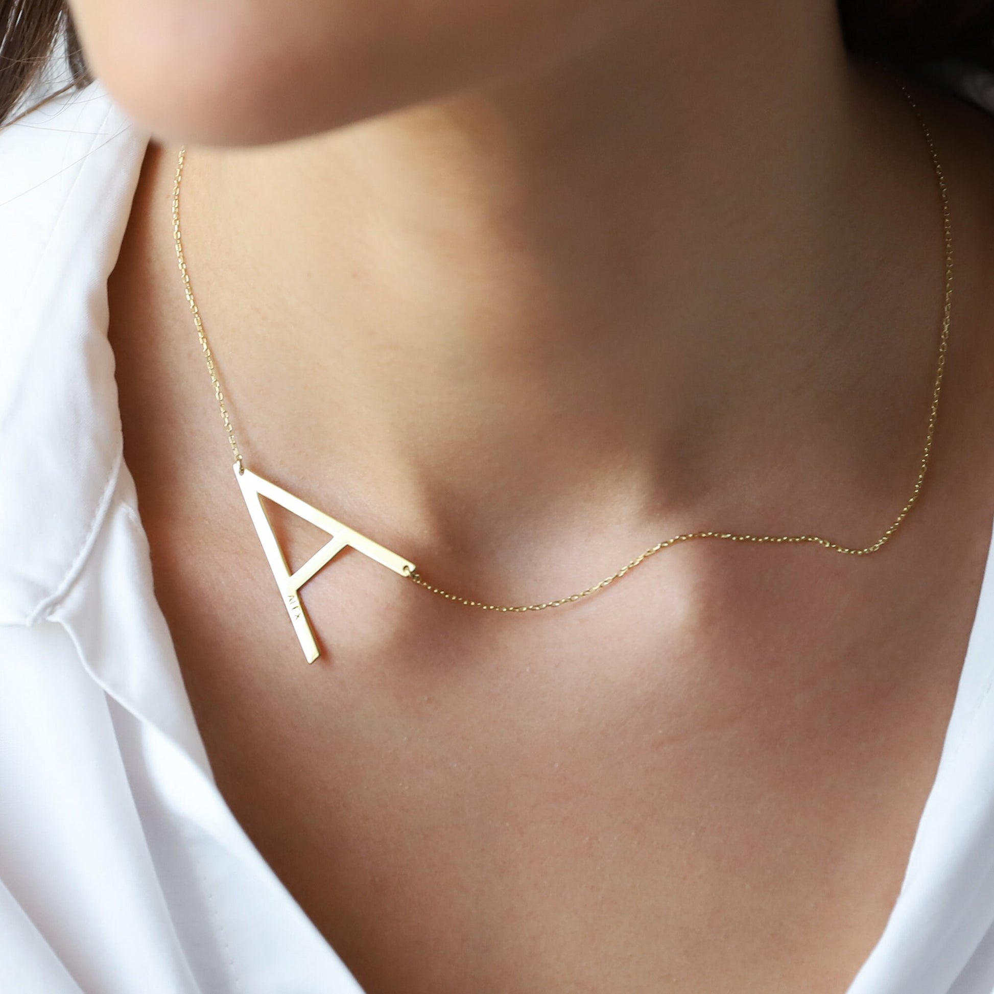 8K Solid Gold Sideways Big Initial Necklace, Personalized Large Letter Monogram with Birthstone add on - silvergoldandrose