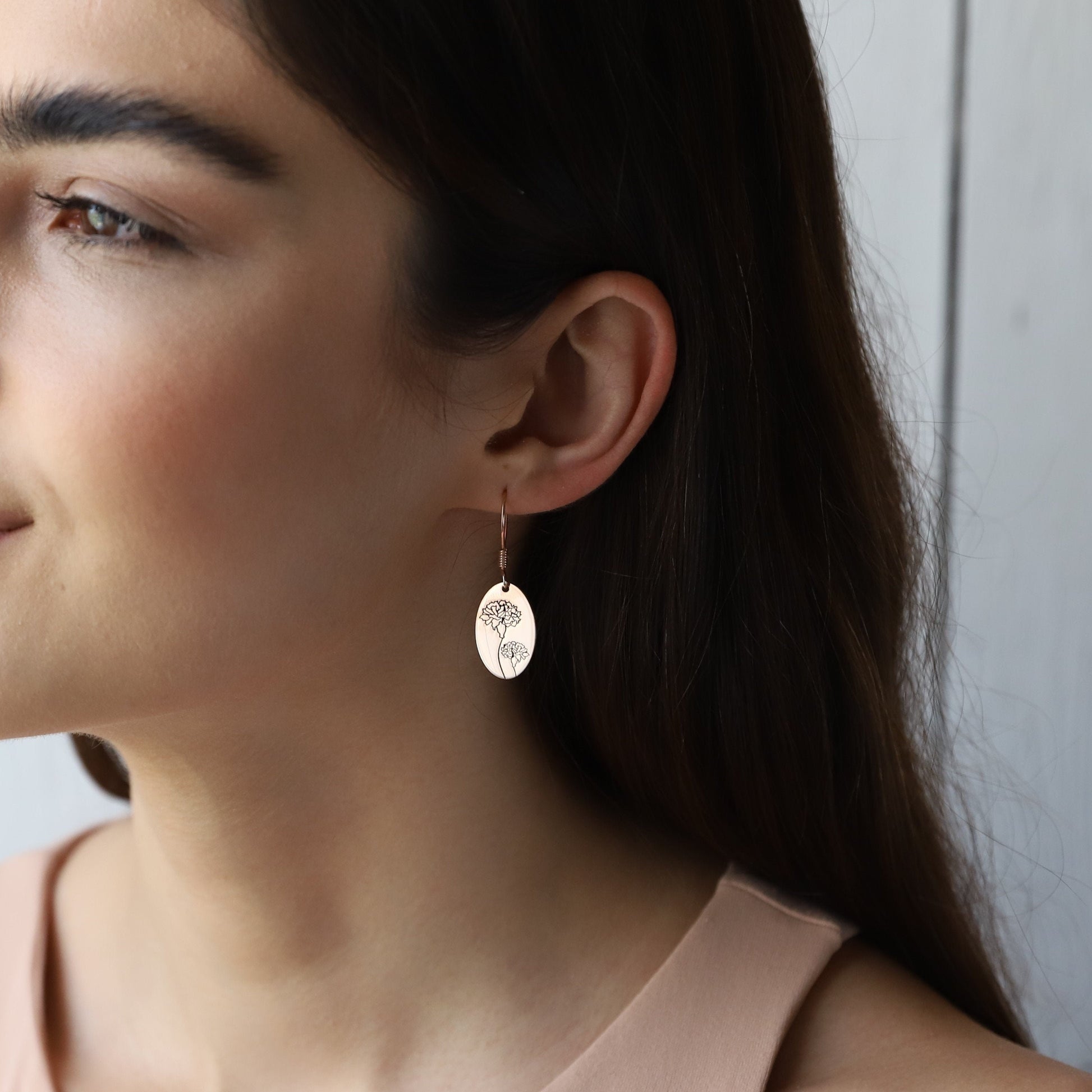 Dainty Dangle Birth Flower Earrings, 14K Rose Gold Minimalist Month Floral Signet Earrings • Personalized Handmade Jewelry - silvergoldandrose