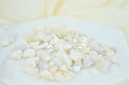 SilverGoldandRose Personalized Initial Earrings - Dainty Silver Studs for Her, Custom Old English Design