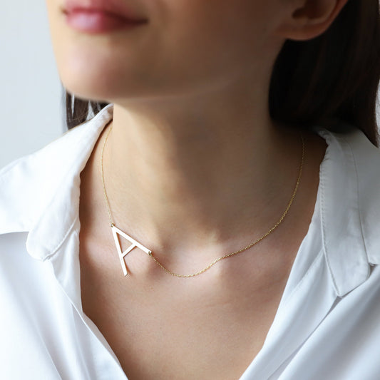 Custom Big Initial Necklace, Sideways Huge Letter Necklace, Perfect Gifts Jewelry - silvergoldandrose