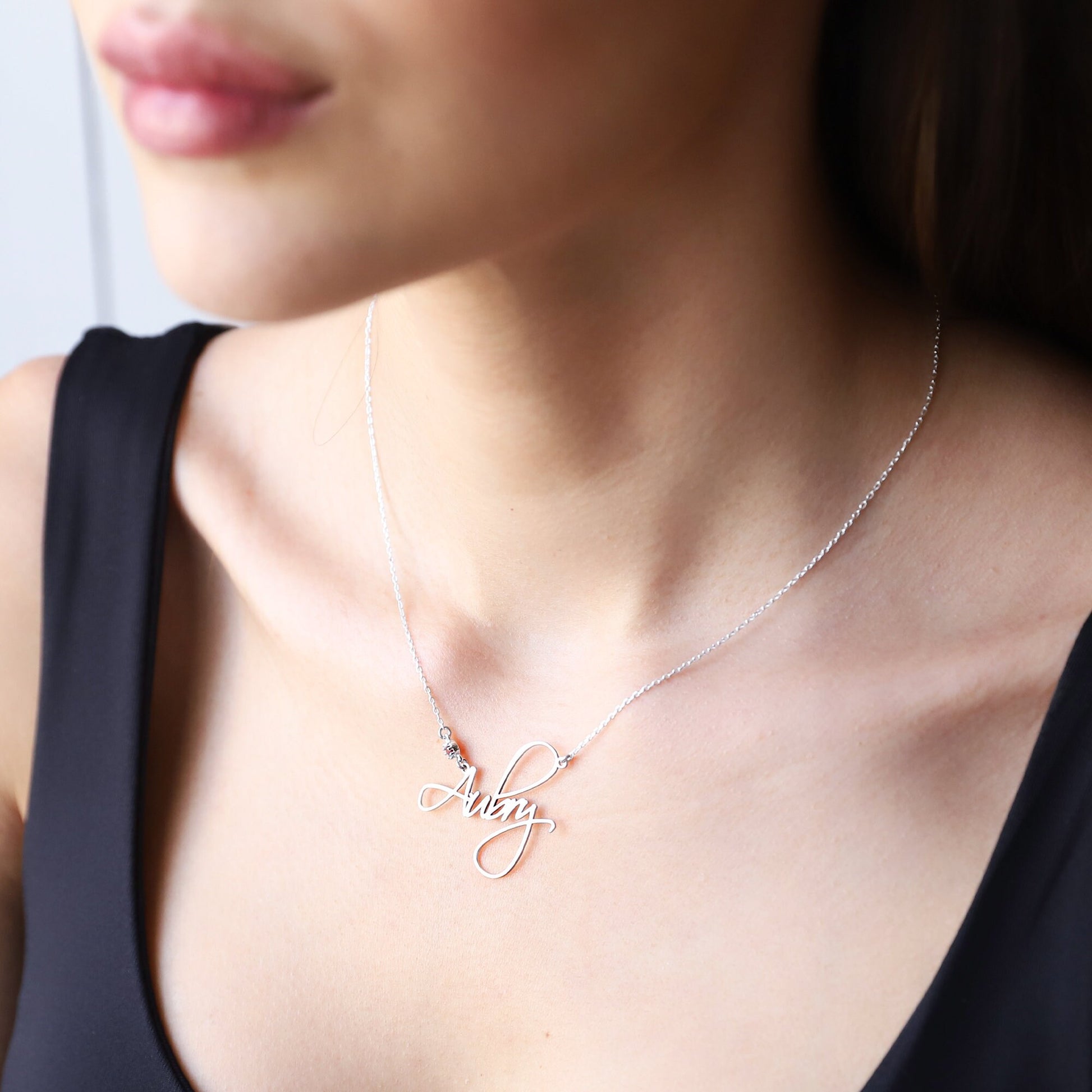 Calligraph Font Custom Name Necklace Gold, Script Cute Minimalist Font Jewelry with Birthstone add on - silvergoldandrose
