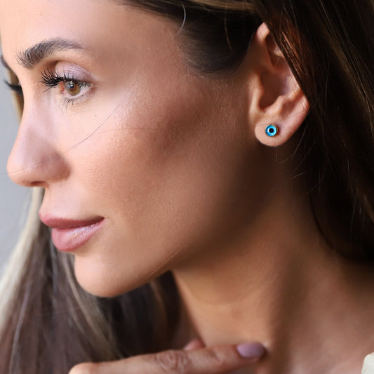 Evil Eye Gold Minimalist Stud Earrings, Stackable Earrings Dainty Evil Eye Tragus Silver | Round Protection Jewelry | Perfect Gifts Silver - silvergoldandrose