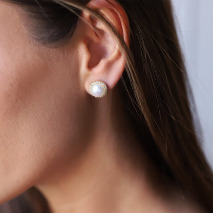 Pave Earrings Studs, Pearl Earrings Silver, Pave Diamond Earrings, Cubic Zirconia Earrings Wedding White Pearl Earrings, Bridesmaid Earrings - silvergoldandrose