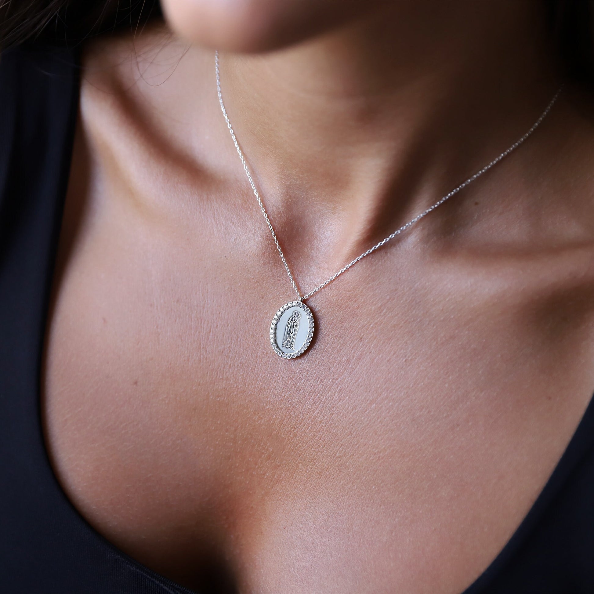 Handmade Virgin Mary Silver Necklace with Cubic Zirconia • Holy Mother Mary Oval Necklace • Symbol Necklace • Gift for Her - silvergoldandrose