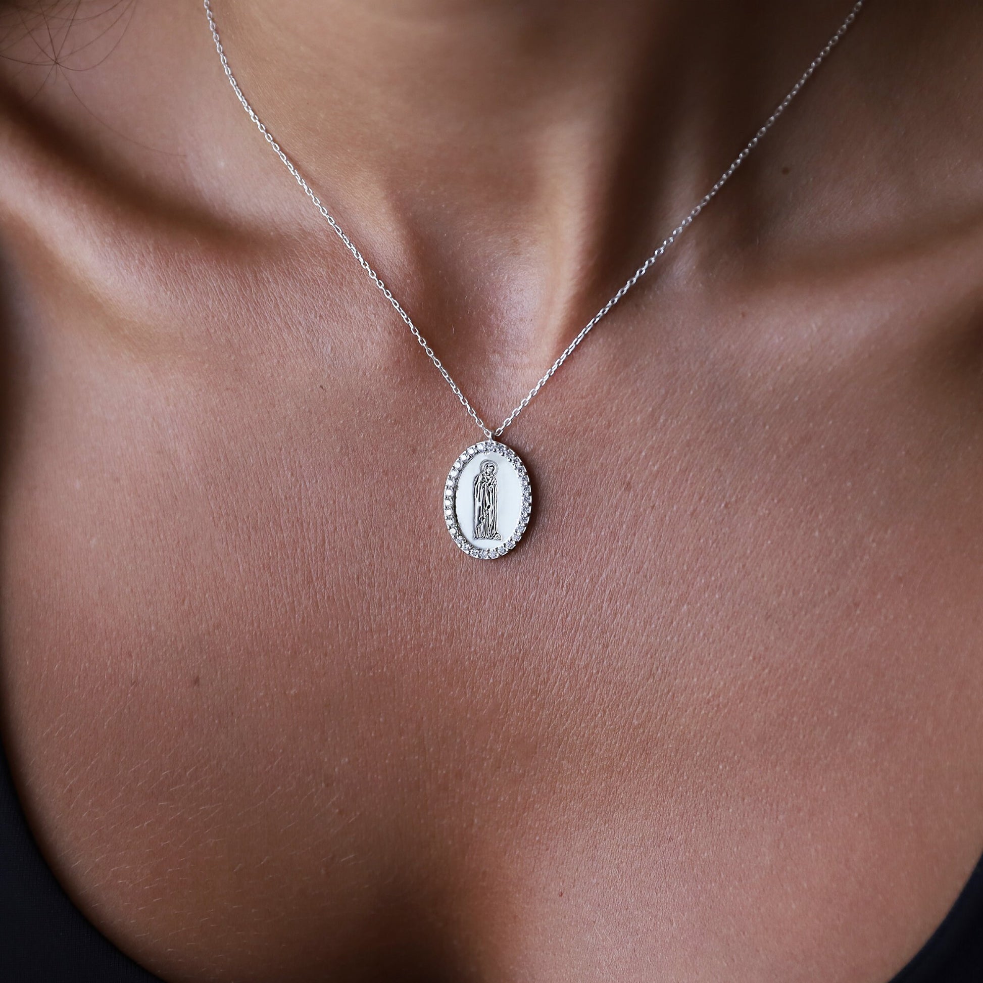 Handmade Virgin Mary Silver Necklace with Cubic Zirconia • Holy Mother Mary Oval Necklace • Symbol Necklace • Gift for Her - silvergoldandrose