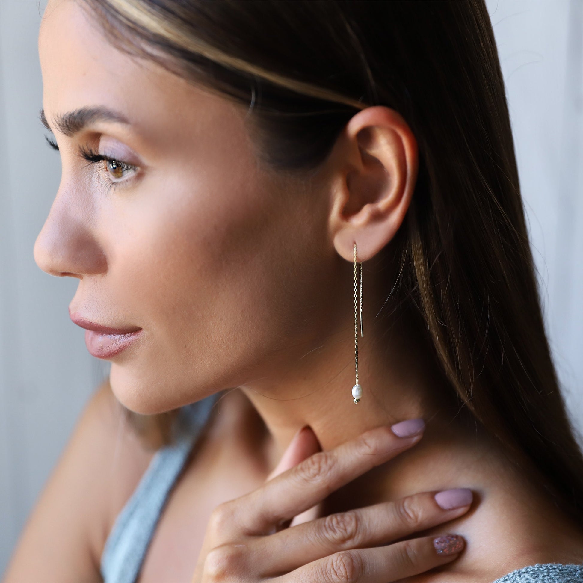 Bridal Earrings, Pearl Dangle Earrings, Wedding Jewelry, Cute Bride Pearl Earrings, Freshwater Pearl Long Chain Earrings, Gifts for Her - silvergoldandrose