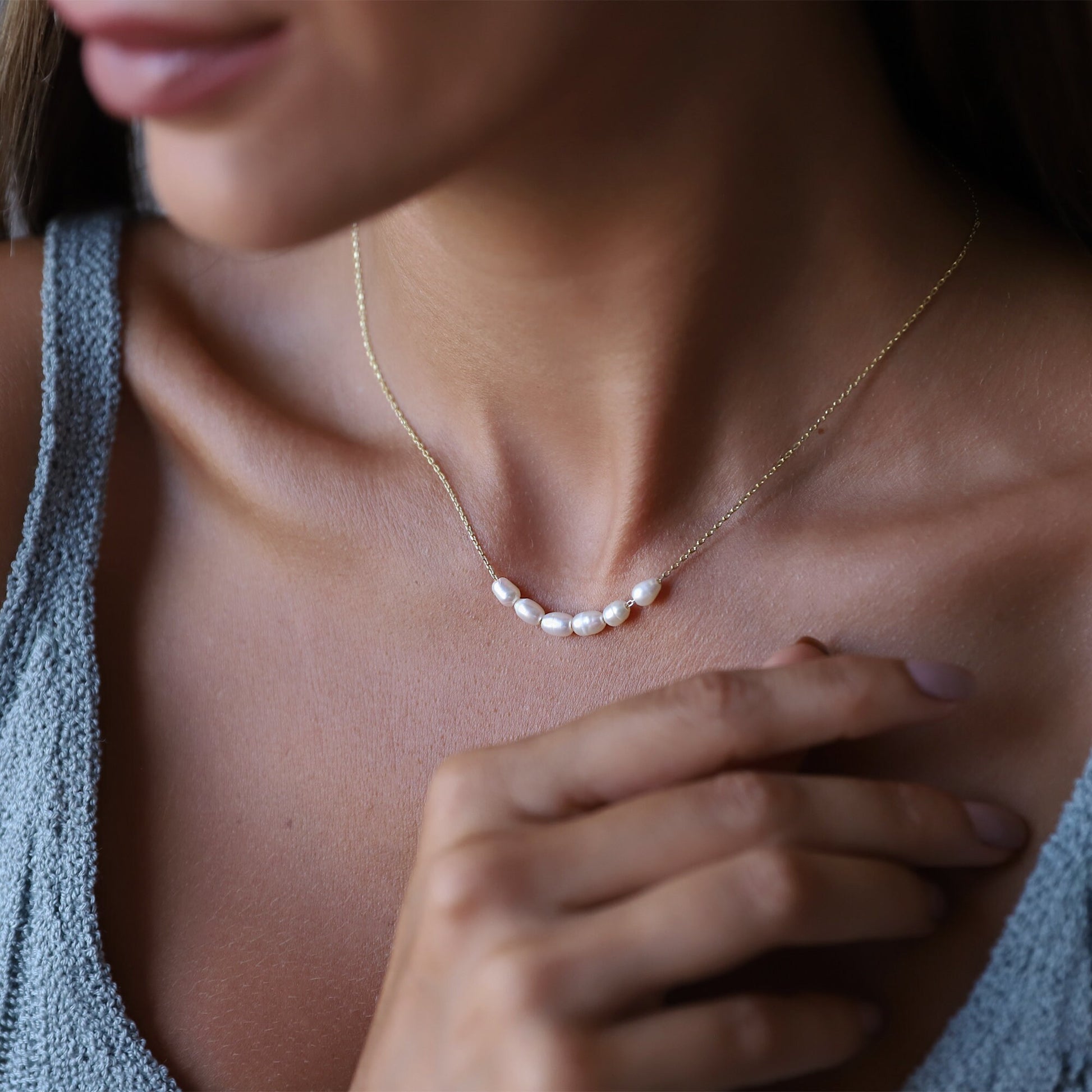 Tiny Pearl Necklace, Bridesmaids Gifts, Pearl Choker Necklace • Bridal Shower Gift • Dainty Minimalist 6 Oval Pearls Freshwater Jewelry - silvergoldandrose
