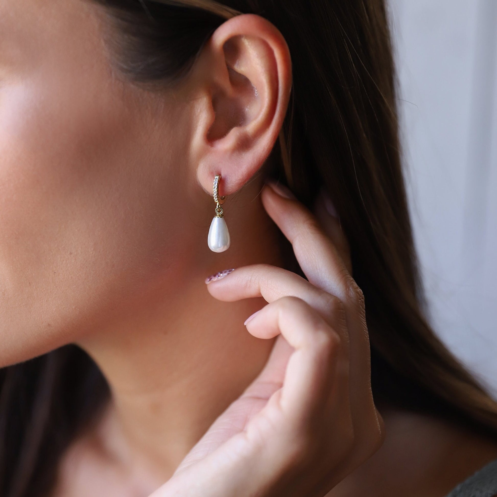 Pearl Huggie Earrings with CZ Diamonds Hoops, Dainty Dangle Earrings | Drop Pearl Earrings | Wedding Jewelry | Bridesmaid Gifts for Her - silvergoldandrose