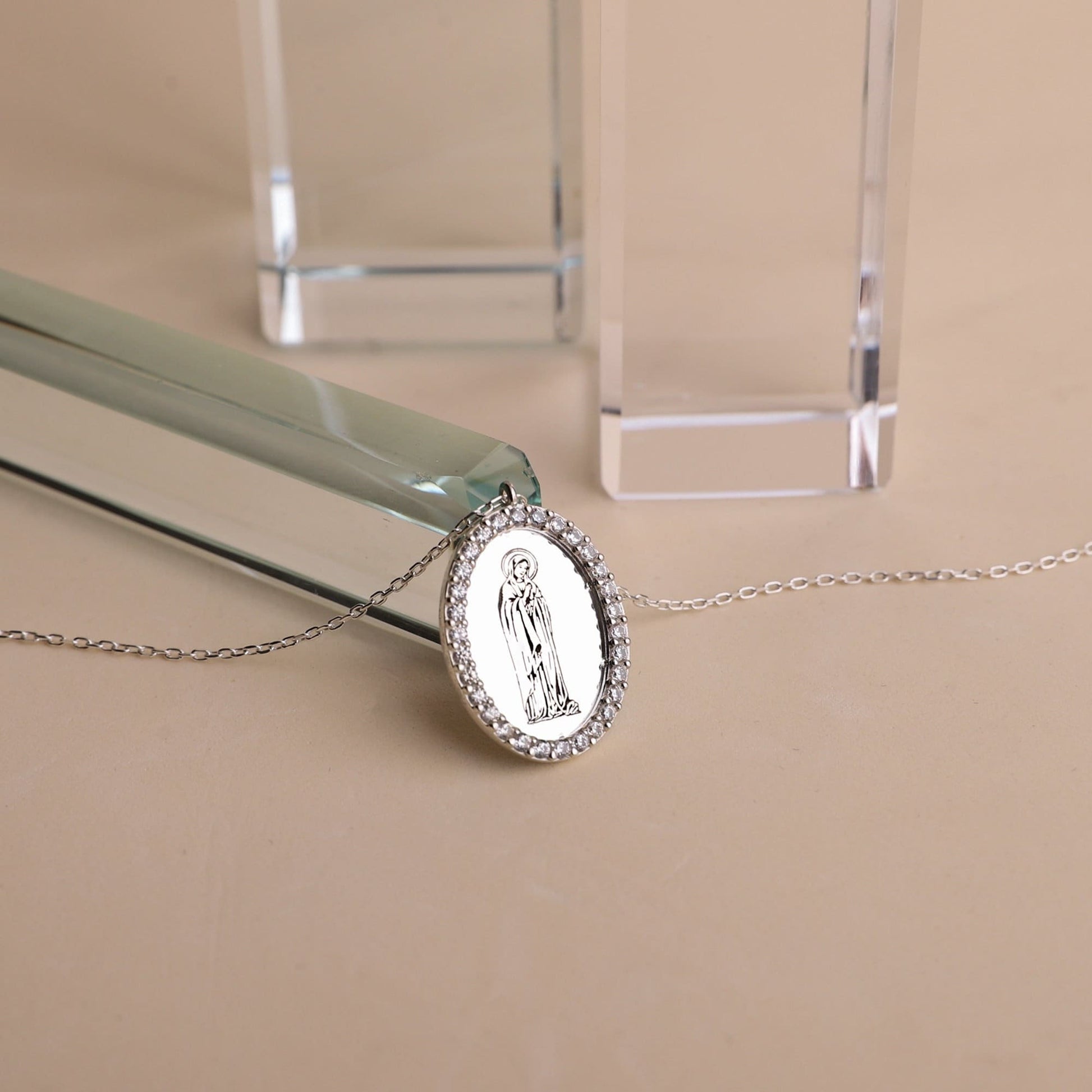 Handmade Virgin Mary Silver Necklace with Cubic Zirconia • Holy Mother Mary Oval Necklace • Symbol Necklace • Gift for Her - silvergoldandrose
