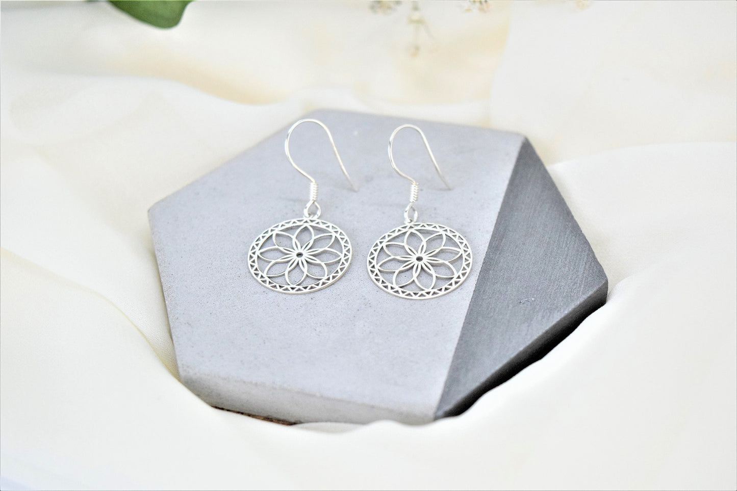 Dangle Gold Mandala Earrings, Sacred Geometry Jewelry, Flower of Life Earrings, Ready to Ship Sterling Silver, Gold and Rose Gifts for Her - silvergoldandrose
