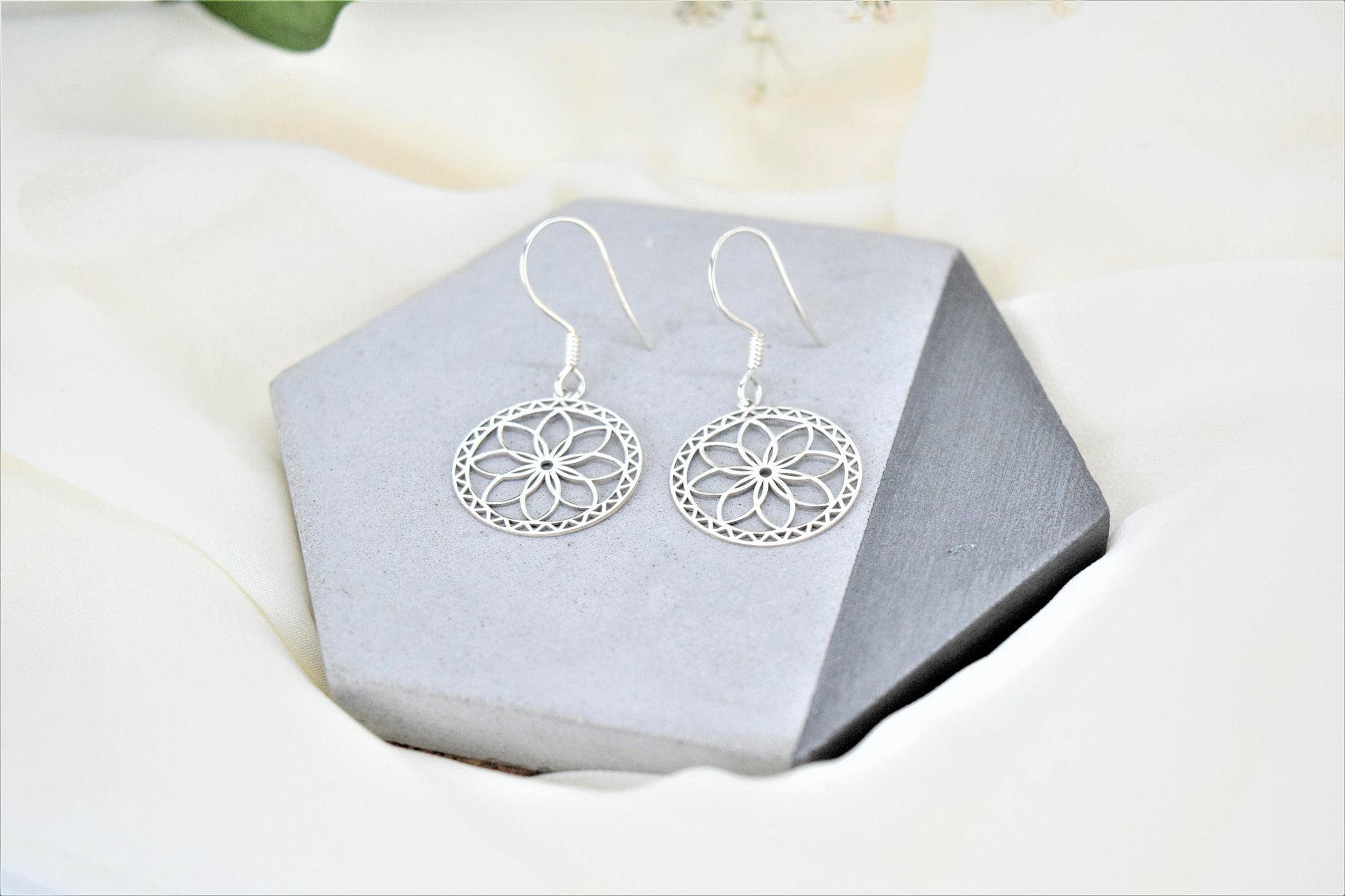 Dangle Gold Mandala Earrings, Sacred Geometry Jewelry, Flower of Life Earrings, Ready to Ship Sterling Silver, Gold and Rose Gifts for Her - silvergoldandrose