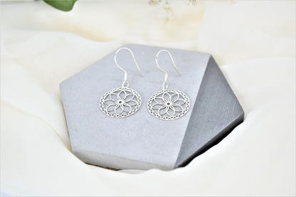 Dangle Gold Mandala Earrings, Sacred Geometry Jewelry, Flower of Life Earrings, Ready to Ship Sterling Silver, Gold and Rose Gifts for Her - silvergoldandrose