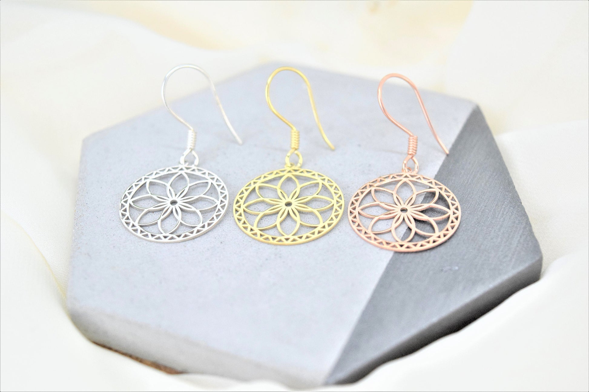 Dangle Gold Mandala Earrings, Sacred Geometry Jewelry, Flower of Life Earrings, Ready to Ship Sterling Silver, Gold and Rose Gifts for Her - silvergoldandrose