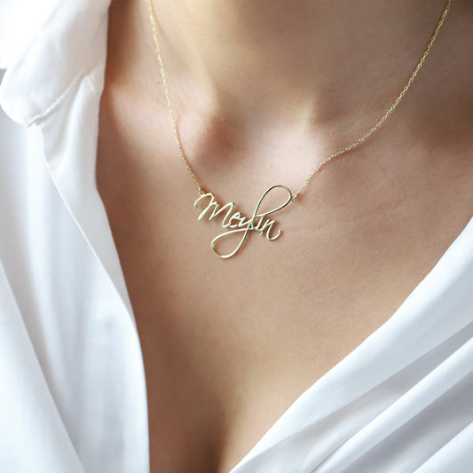 Calligraph Font Custom Name Necklace Gold, Script Cute Minimalist Font Jewelry with Birthstone add on - silvergoldandrose