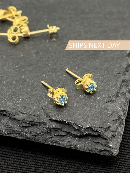 Birthstones Stud Earrings, Gemstone Earrings in Sterling Silver • Blue Topaz Earring, Opal Earrings Minimalist Jewelry - silvergoldandrose