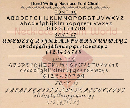 Handwriting necklace font chart with different font styles on a beige background