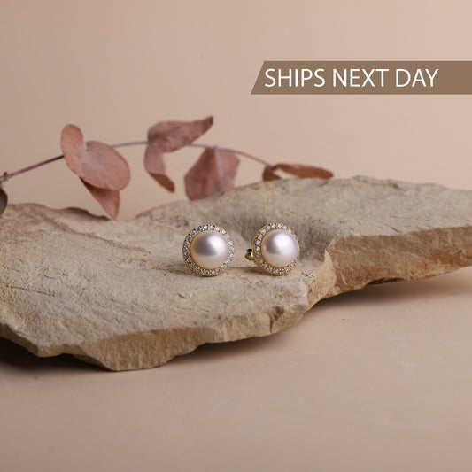 Pave Earrings Studs, Pearl Earrings Silver, Pave Diamond Earrings, Cubic Zirconia Earrings Wedding White Pearl Earrings, Bridesmaid Earrings - silvergoldandrose