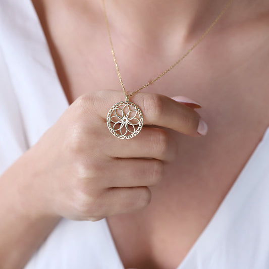 Mandala Necklace Gold • Sacred Geometry Flower Seed of Life Jewelry • Spiritual Yoga Necklace Sterling Silver, Rose, Gold - silvergoldandrose