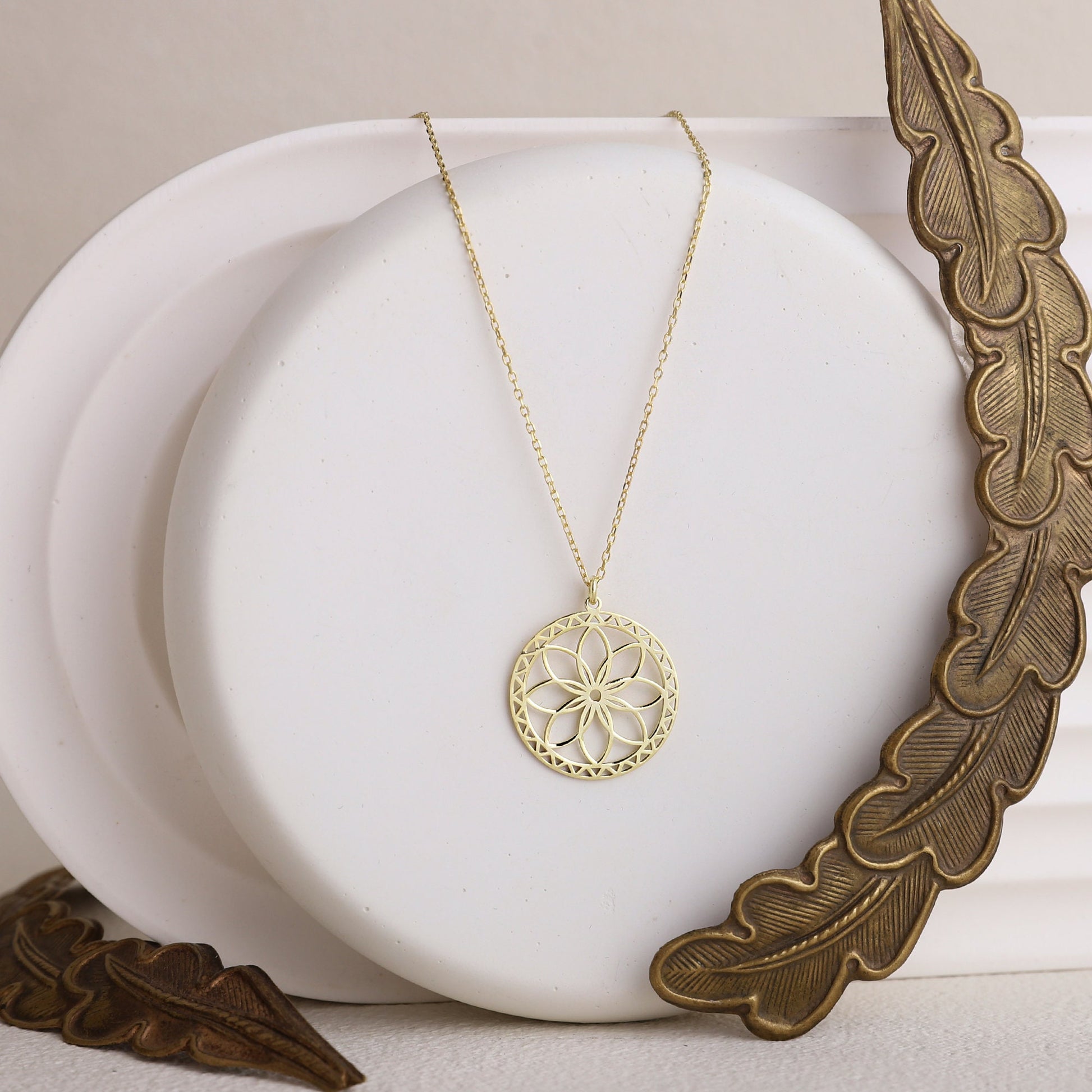 Mandala Necklace Gold • Sacred Geometry Flower Seed of Life Jewelry • Spiritual Yoga Necklace Sterling Silver, Rose, Gold - silvergoldandrose