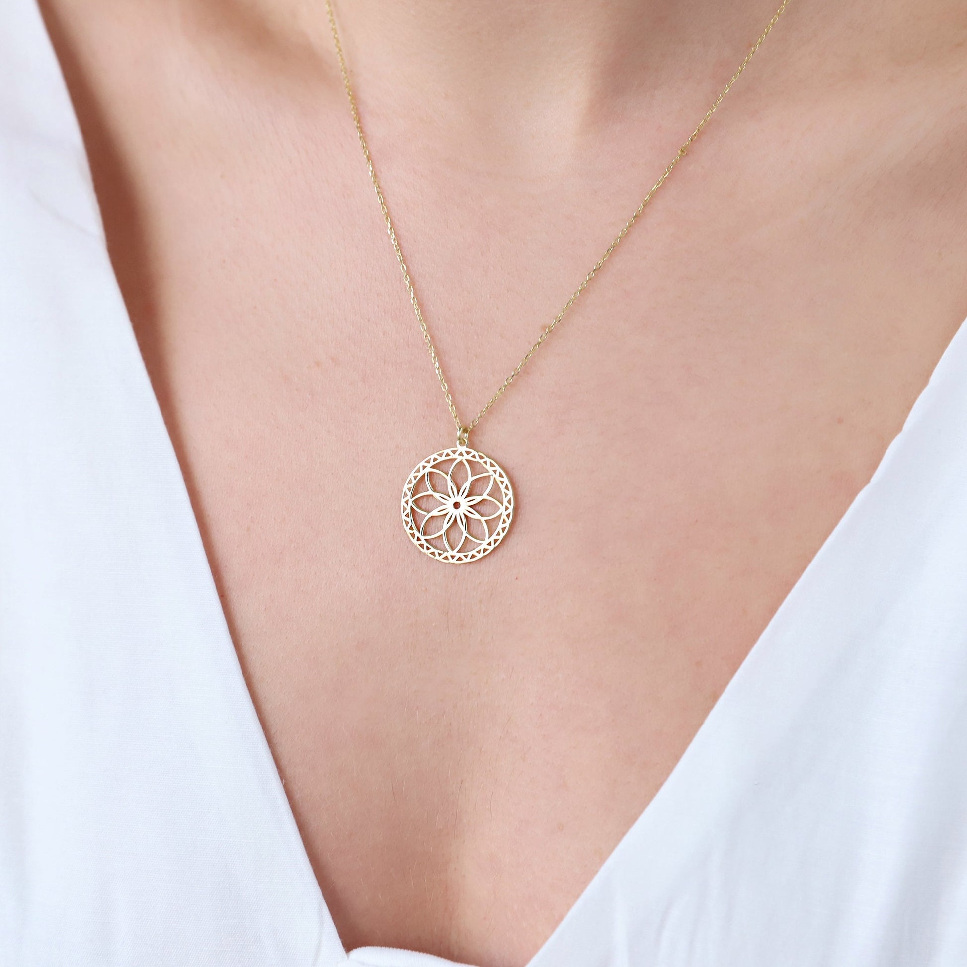 Mandala Necklace Gold • Sacred Geometry Flower Seed of Life Jewelry • Spiritual Yoga Necklace Sterling Silver, Rose, Gold - silvergoldandrose