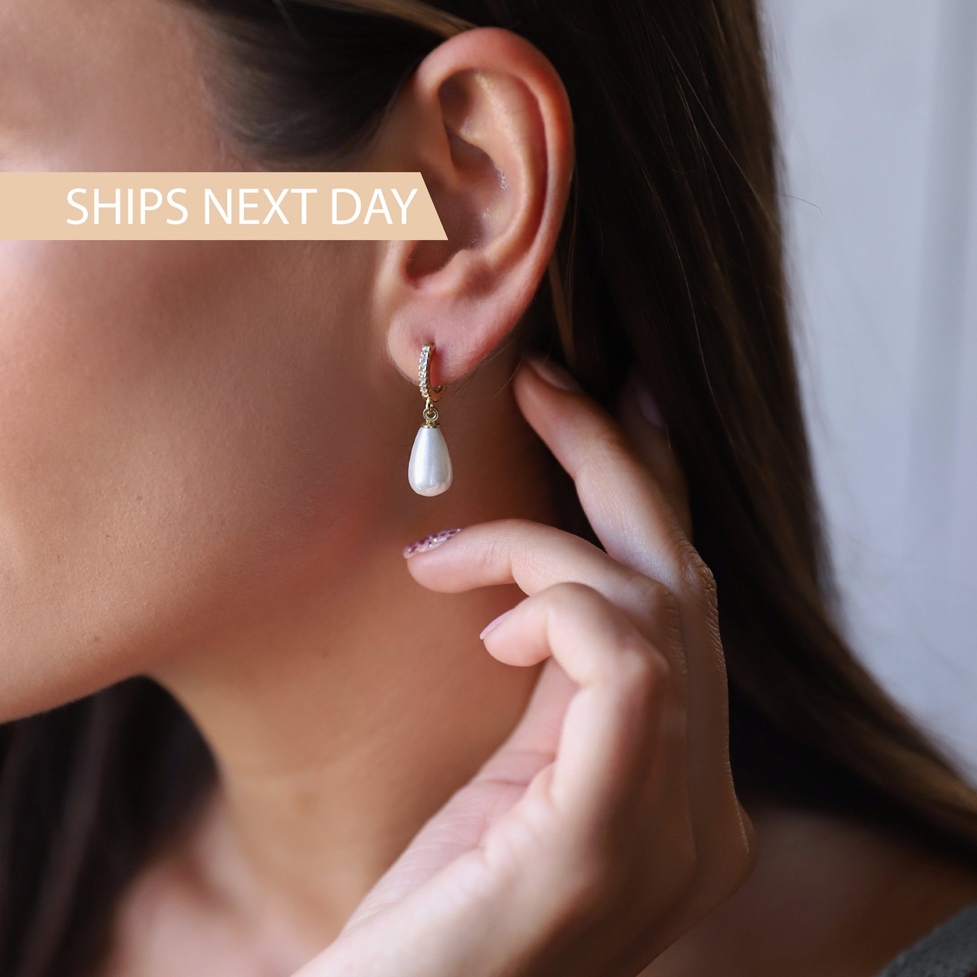 Pearl Huggie Earrings with CZ Diamonds Hoops, Dainty Dangle Earrings | Drop Pearl Earrings | Wedding Jewelry | Bridesmaid Gifts for Her - silvergoldandrose