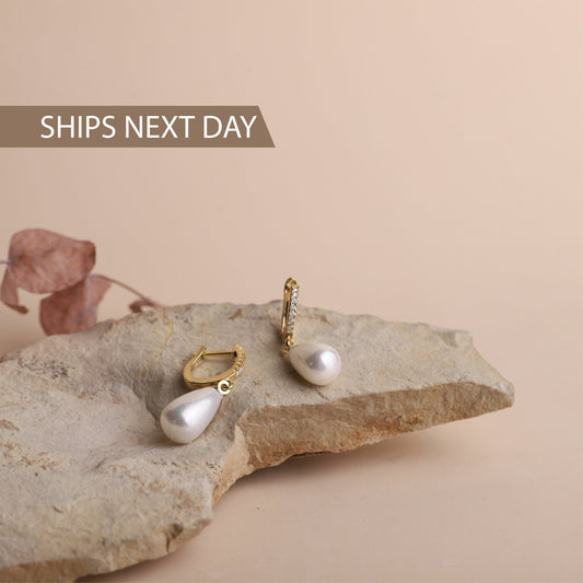 Pearl Huggie Earrings with CZ Diamonds Hoops, Dainty Dangle Earrings | Drop Pearl Earrings | Wedding Jewelry | Bridesmaid Gifts for Her - silvergoldandrose