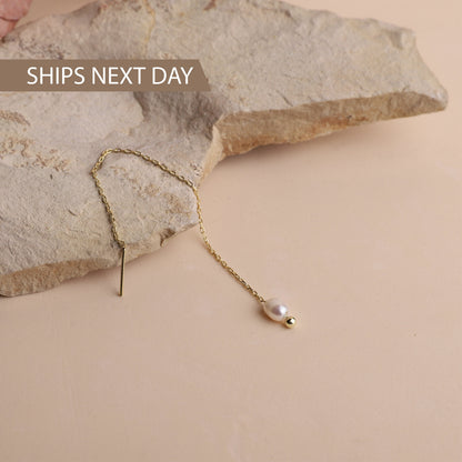 Bridal Earrings, Pearl Dangle Earrings, Wedding Jewelry, Cute Bride Pearl Earrings, Freshwater Pearl Long Chain Earrings, Gifts for Her - silvergoldandrose