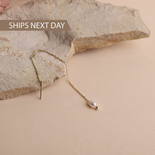 Bridal Earrings, Pearl Dangle Earrings, Wedding Jewelry, Cute Bride Pearl Earrings, Freshwater Pearl Long Chain Earrings, Gifts for Her - silvergoldandrose