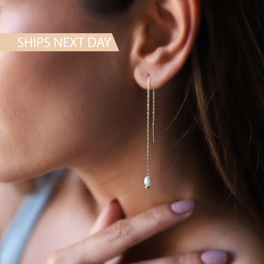 Bridal Earrings, Pearl Dangle Earrings, Wedding Jewelry, Cute Bride Pearl Earrings, Freshwater Pearl Long Chain Earrings, Gifts for Her - silvergoldandrose