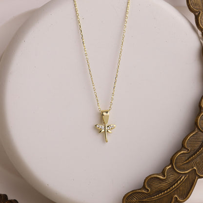 Dainty Gold Dragonfly Necklace | Minimalist 14K CZ Pendant | Elegant Gift for Her