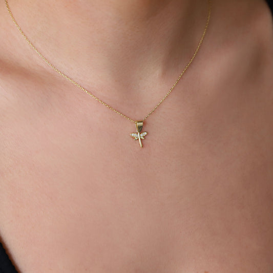 Minimalist CZ Dragonfly Necklace, 14K Gold Dainty Pendant • Simple Gold Filled Fairytale Charm Necklace • Silver Birthday Gift for Women - silvergoldandrose