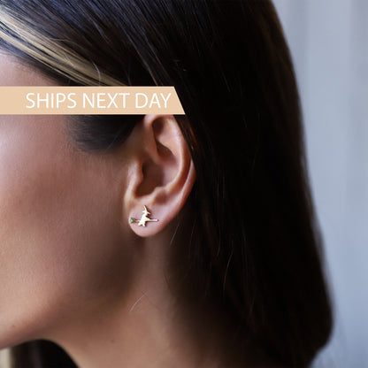 A close-up image of a person's ear wearing a small gold stud earring with a witch design, with the text 'SHIPS NEXT DAY' overlaid at the top.