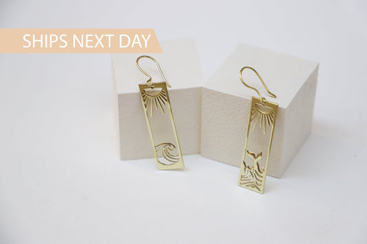 Sunshine Co. Sunrise Wave Dangle Earrings - Gold Boho Rectangle Drops for Women