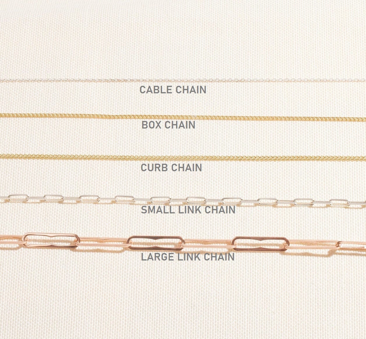 Comparison of different chain styles on a beige background
