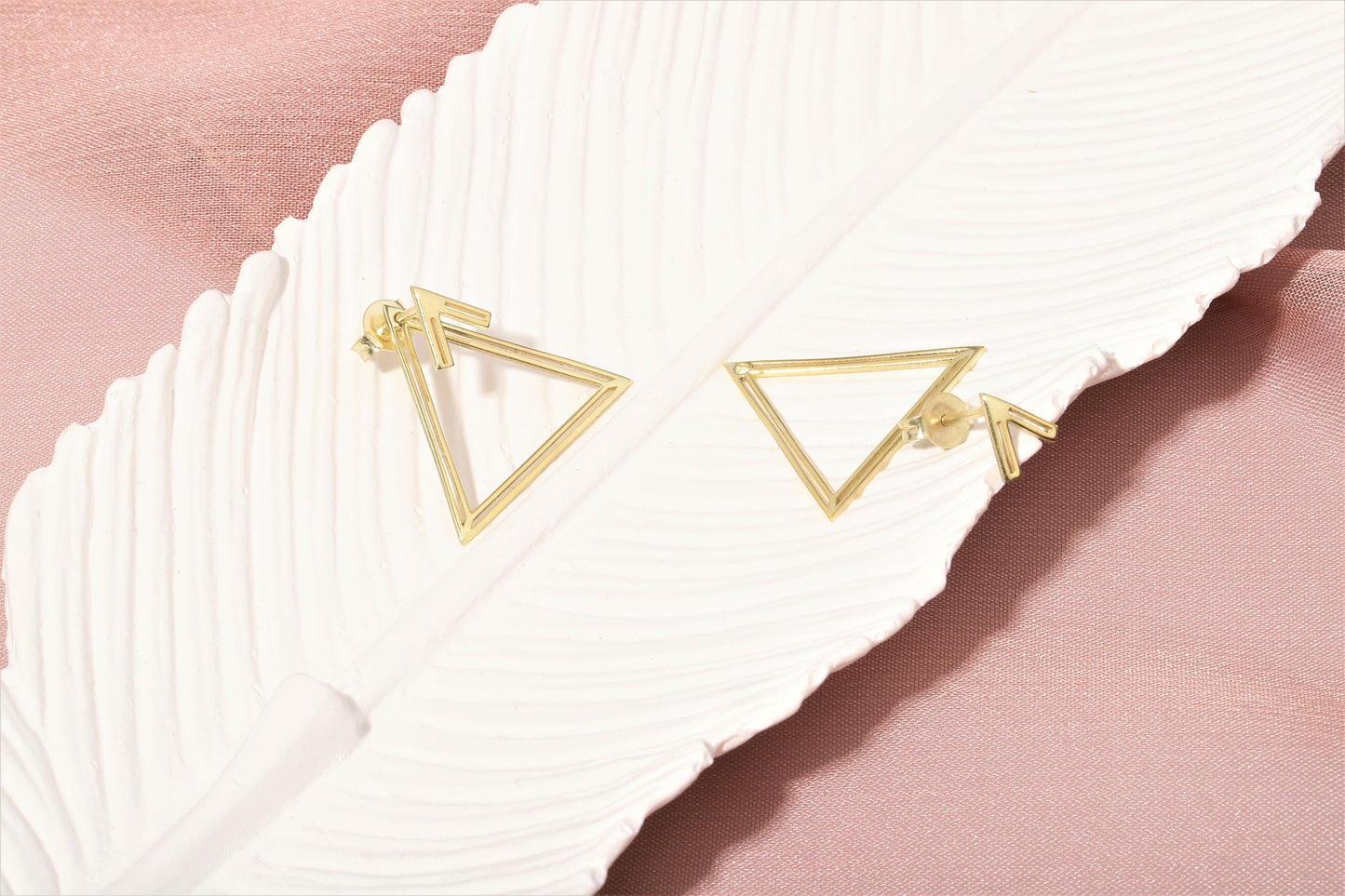 14K Gold Ear Jacket Earrings, Triangle Earring, Dainty Double Geometric Earrings, Special Design Earrings by NeckaceDreamWorld in Silver - silvergoldandrose