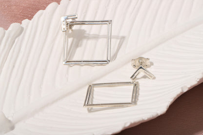 Handmade Ear Jacket Earrings, Square Earring, Double Geometric Earrings, Modern Jewelry Gifts for Women in Rose Gold, Sterling Silver, Gold - silvergoldandrose