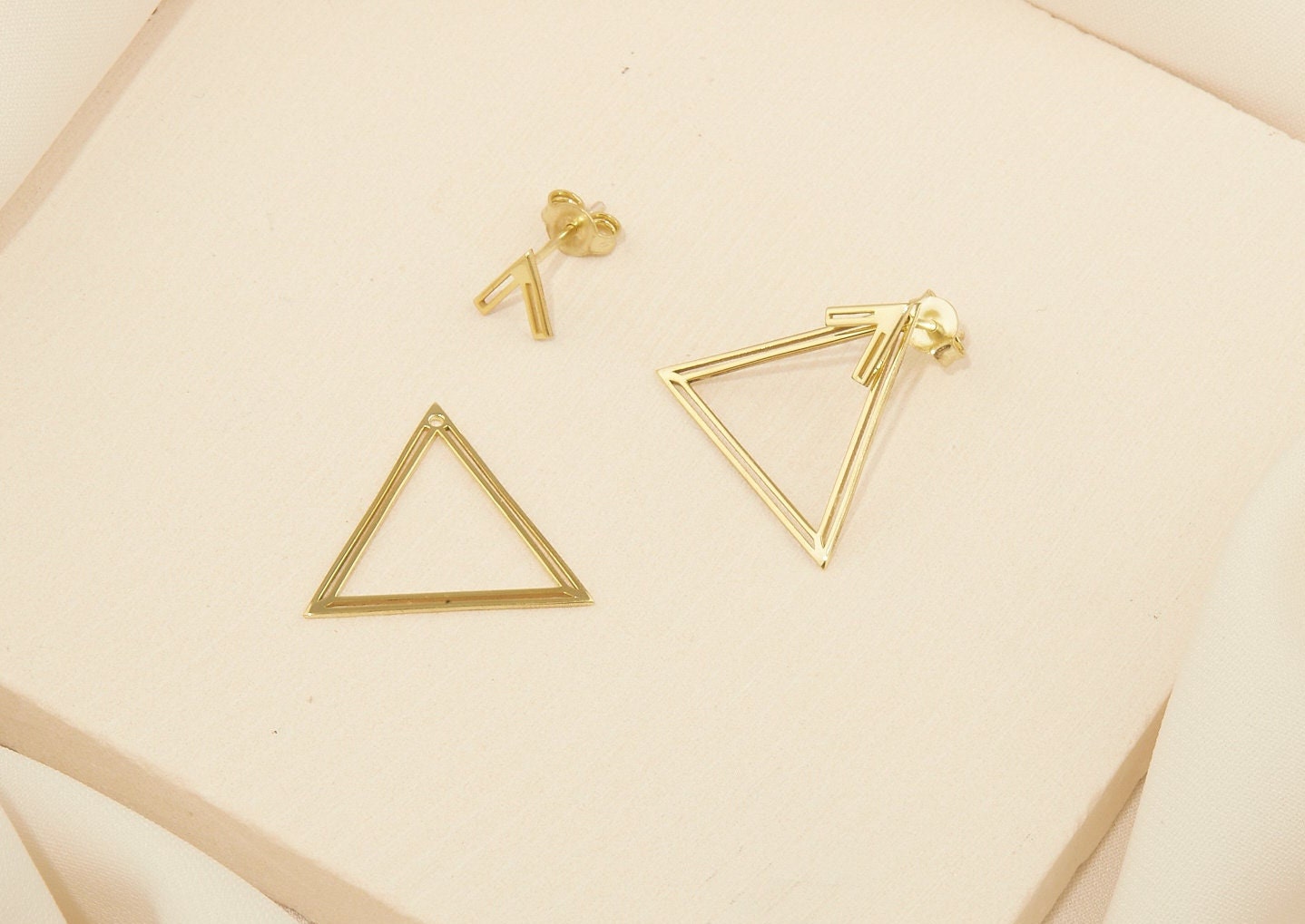 14K Gold Ear Jacket Earrings, Triangle Earring, Dainty Double Geometric Earrings, Special Design Earrings by NeckaceDreamWorld in Silver - silvergoldandrose