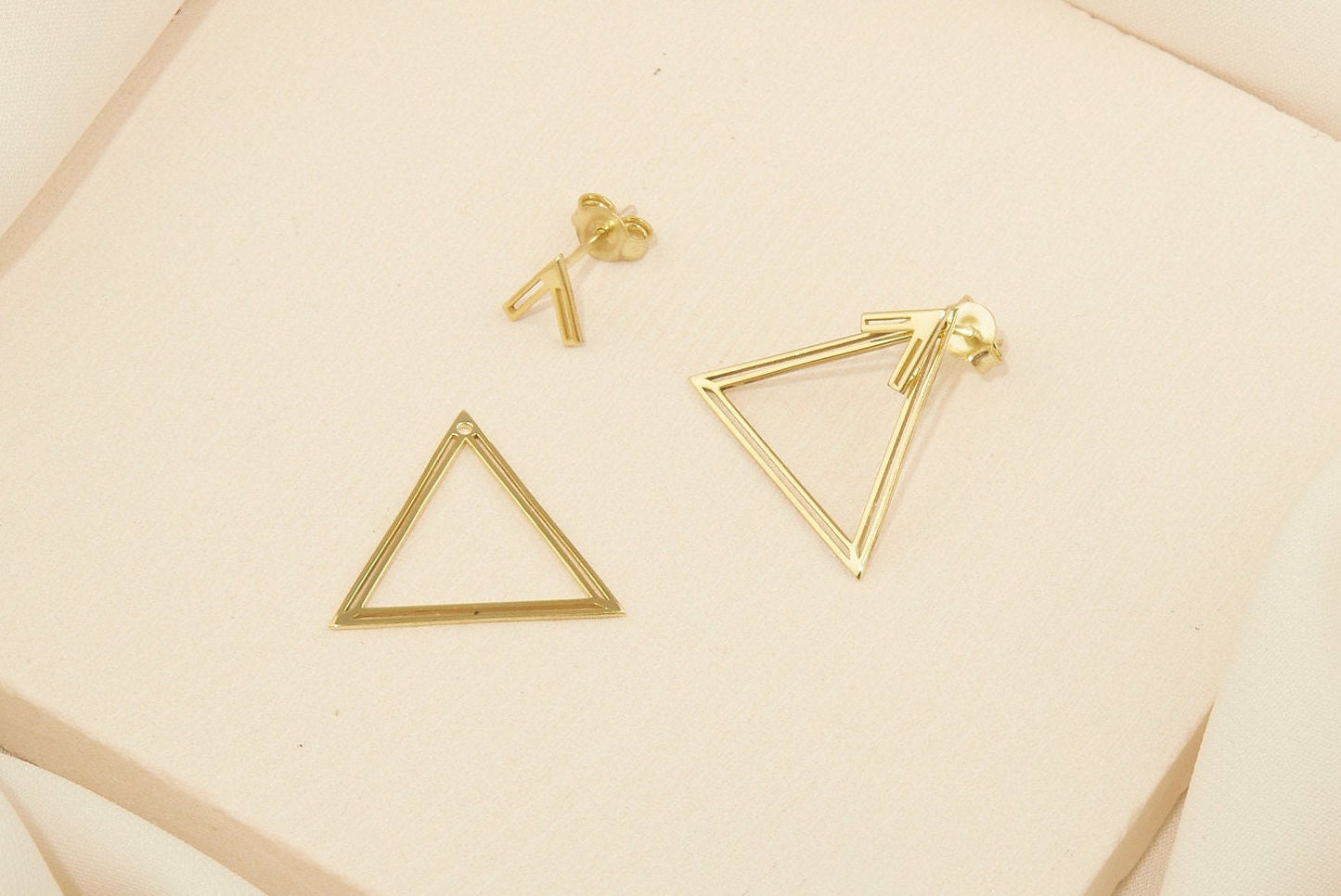 14K Gold Ear Jacket Earrings, Triangle Earring, Dainty Double Geometric Earrings, Special Design Earrings by NeckaceDreamWorld in Silver - silvergoldandrose